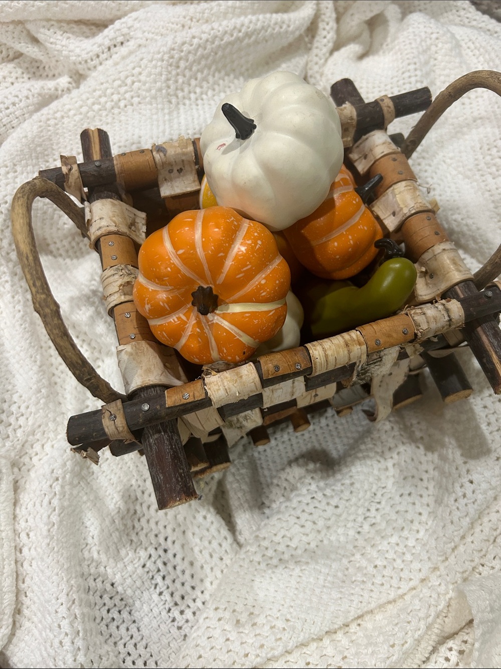 Rustic Fall Harvest Decorative Basket with Orange, White & Faux Pumpkins